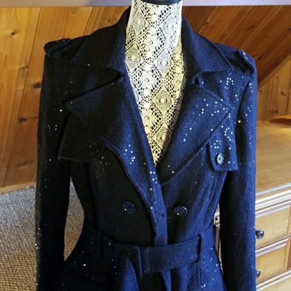 Bebe long sequin black coat with belt in size Large. - Picture 2 of 8